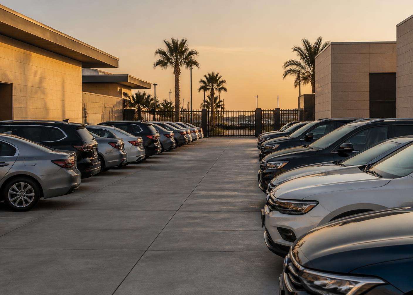 Cars parked in Global Parking's secure compound at golden hour