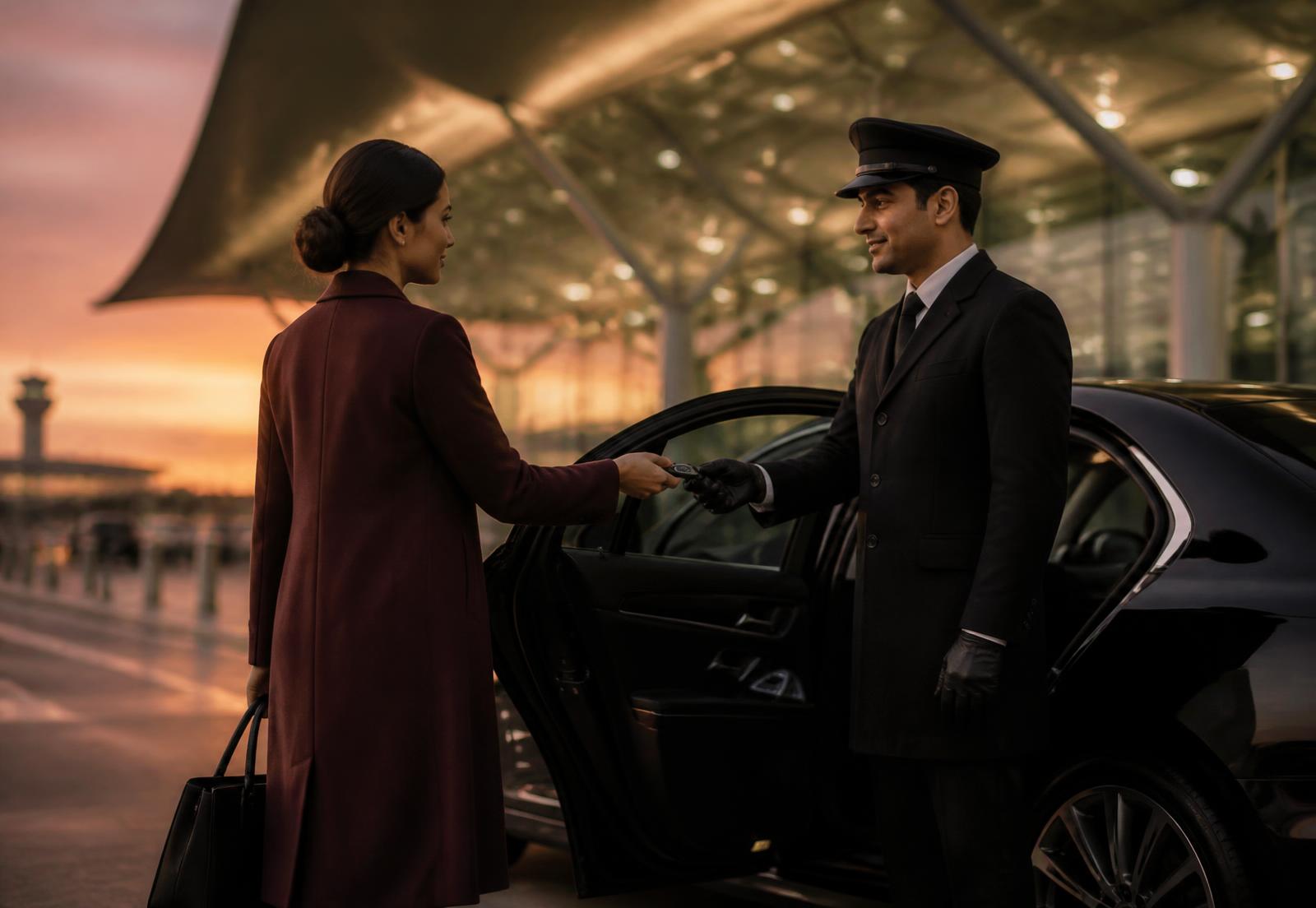 A driver handing car keys to a Global Parking chauffeur outside a Heathrow terminal